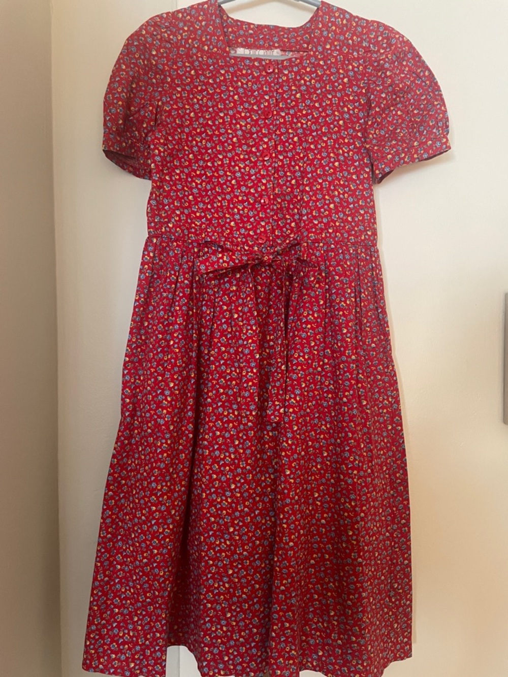 Vintage Petite Gamine Red Floral Girls' Dress with Tie Waist.